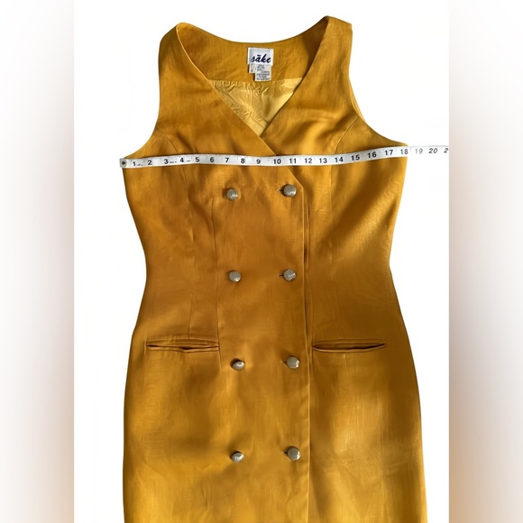 Sàke Vintage Mustard Yellow Linen Dress Sz 8 Lined Double-Breasted Sleeveless - Picture 6 of 8